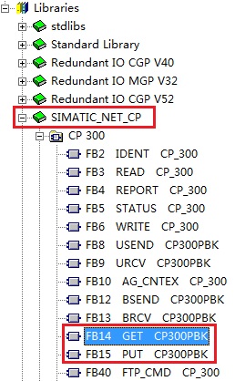 通信接口为S7-300 CP通信模块时，需要使用SIMATIC_NET_CP 库中PUT/GET指令，如图2所示。图2 S7-300 CP模块接口需采用SIMATIC_NET_CP库
