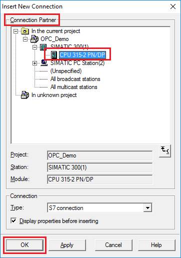 指定PC的S7连接的伙伴：PLC
